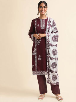 Odette - Wine Embroidered Georgette Semi Stitched Kurta (Set of 3)