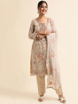 Odette - Beige Embroidered Georgette Semi Stitched Kurta (Set of 3)