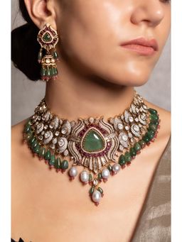 Joules By Radhika - Chinmaya Green and Pink Kudan Stone Studded Necklace Set