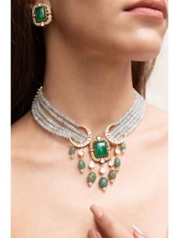 Joules By Radhika - Calira Green Kundan Stone Studded Necklace Set