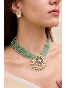 Joules By Radhika - Oriana Multi-Strand Green Beads Kundan Necklace Set
