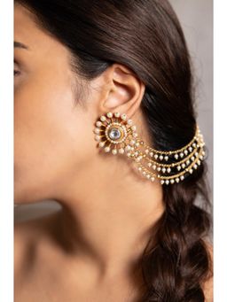 Joules By Radhika - Saarya White Pearl Stud Earrings with Attached Ear Chain