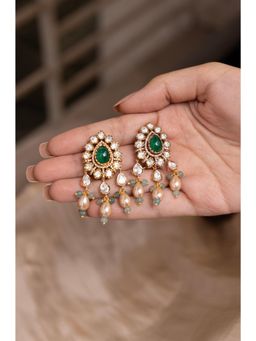 Joules By Radhika - Rhea Deep Green Kundan Pearl Drop Earrings