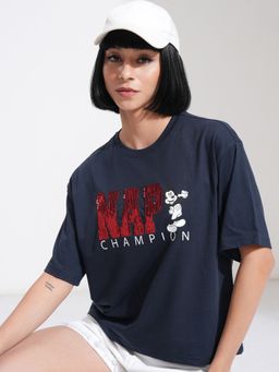 TOKYO TALKIES - Women Navy Blue Mickey Mouse Boxy T-Shirt