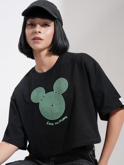TOKYO TALKIES - Women Black Mickey Mouse Graphic Boxy Crop T-Shirt