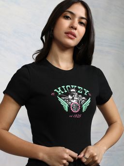 TOKYO TALKIES - Women Black Mickey Mouse Graphic Crop Rib T-Shirt