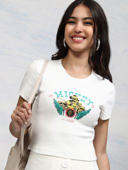 TOKYO TALKIES - Women White Mickey Mouse Graphic Crop Rib T-Shirt