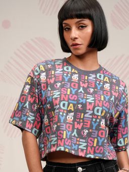 TOKYO TALKIES - Women Black Mickey and Friends Print Boxy Crop T-Shirt