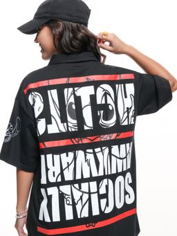 TOKYO TALKIES - Women Black Stitch Typography Polo Oversize T-Shirt