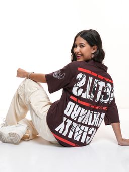 TOKYO TALKIES - Women Brown Stitch Typography Polo Oversize T-Shirt