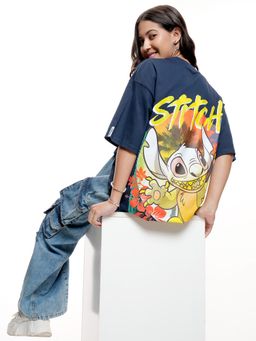 TOKYO TALKIES - Women Navy Blue Stitch Graphic Oversized Longline T-Shirt