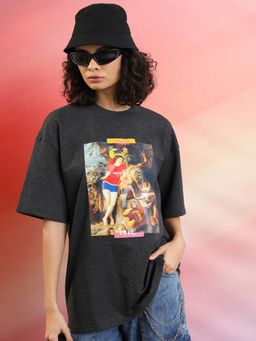 TOKYO TALKIES - Women Charcoal Graphic Drop Shoulder Oversized T-Shirt