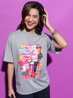 TOKYO TALKIES - Women Light Grey Drop Shoulder Oversized T-Shirt