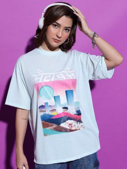 TOKYO TALKIES - Women Light Blue Drop Shoulder Oversized T-Shirt