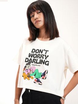 TOKYO TALKIES - Women Off White Half Sleeve Crop Round Neck T Shirt