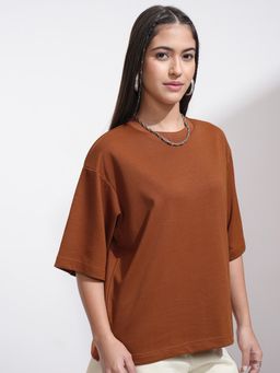 TOKYO TALKIES - Women Brown Solid Relaxed Fit Drop Shoulder T-shirt