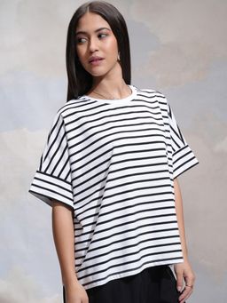 TOKYO TALKIES - Women White Black Striped Round Neck Relaxed Fit T-shirt