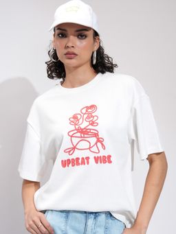 TOKYO TALKIES - Women Off White Chest Printed Oversized T-shirt