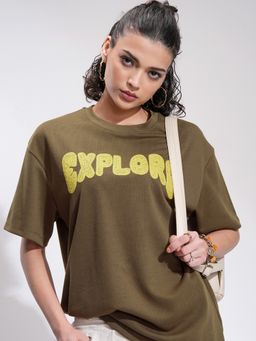 TOKYO TALKIES - Women Brown Chest Printed Oversized T-shirt