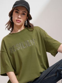 TOKYO TALKIES - Women Olive Embellished Drop shoulder Oversized shirt