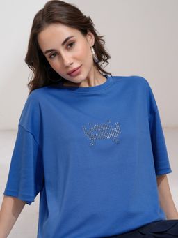 TOKYO TALKIES - Women Blue Embellished Drop shoulder Oversized Front T-shirt