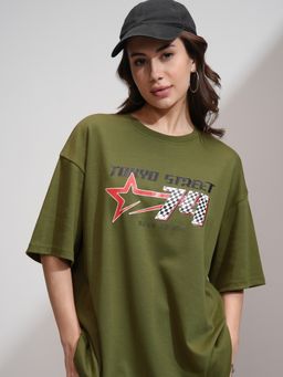 TOKYO TALKIES - Women Olive Graphic Round Neck Drop Shoulder Oversized T-shirt
