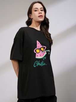TOKYO TALKIES - Women Black Graphic Oversize Fit T-shirt