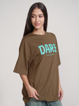 TOKYO TALKIES - Women Brown Typography Oversized Fit Chest Print T-shirt