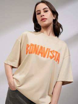 TOKYO TALKIES - Women Beige Typography Oversized Chest Print T-shirt