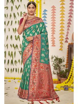 Sangam Prints - Turquoise Silk Woven Zari Work Traditional Tassel Saree with Unstitched Blouse