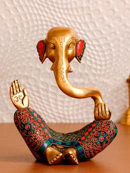 eCraftIndia - Meditating Lord Ganesha Handcrafted Brass Idol with Colourful Stone Work