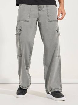 Styli - Men Grey Wide Leg Panelled Cargo Jeans