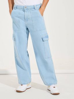 Styli - Men Light Blue Wide Leg Panelled Cargo Jeans