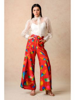 THETAA - White Printed Organza Top with Slip and Flared Pant (Set of 3)