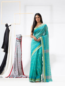 Angoshobha - Blue Cotton Blended Handloom Saree with Unstitched Blouse