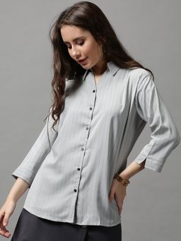 SHOWOFF - Women's Spread Collar Striped Grey Polyester Shirt