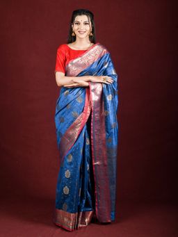 EXCLUSIVA - Blue Banarasi Blended Silk Woven Saree Zari Work with Unstitched Blouse