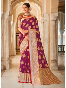 Sangam Prints - Wine Organza Woven Rich Pallu Work Traditional Saree with Unstitched Blouse