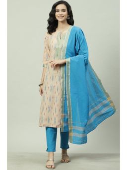 Biba - Beige Cotton Unstitched Suit (Set of 3)