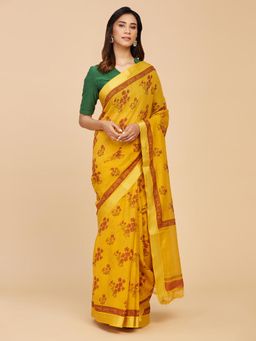 Fabindia - Mustard Cotton Floral Printed Sari