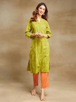 Fabindia - Green Cotton Floral Printed Kurta with Pant (Set of 2)