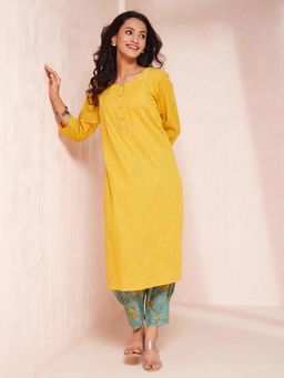 Fabindia - Avni Yellow Cotton Regular Fit Kurta with Salwar (Set of 2)