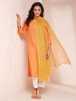 Fabindia - Orange Cotton Embroidered Kurta with Dupatta (Set of 2)
