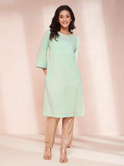 Fabindia - Green Cotton Calf Length Kurta
