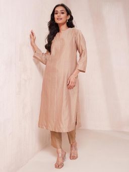 Fabindia - Beige Cotton Silk Woven Long Kurta