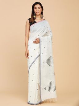 Fabindia - Off White Linen Blend Embroided Jamdani Sari