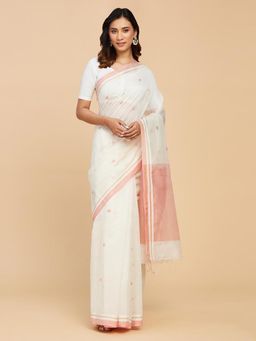 Fabindia - White Cotton Silk Woven Sari