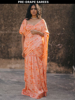 Baaro Masi - Light Coral Vegan Satin Draped Saree with Stitched Blouse