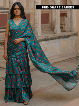 Baaro Masi - Teal Vegan Satin Draped Saree with Stitched Blouse