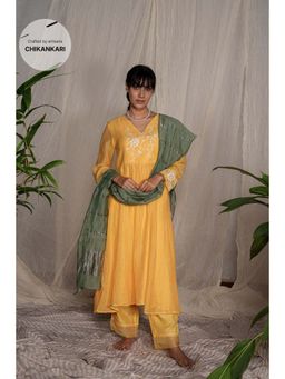 PANTS AND PAJAMAS - Yellow Chikan Embroidered Kurta (Set of 3)
